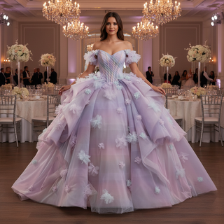 Detachable Wide Strap Women Lilac Quinceanera Dresses with Butterflies