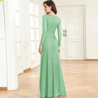 long sleeve dress for formal Long Sleeve V-Neck Fit Maxi Formal Gown Evening Dress For Women – Rosymae