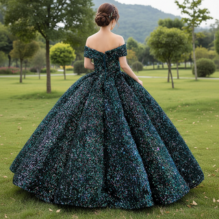 Robe de bal Quinceanera scintillante, épaules dénudées, décolleté en V
