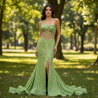 Green One Shoulder Long Evening Dress Formal Gown with Leg Slit