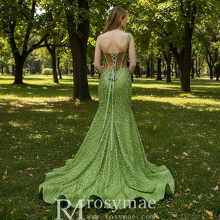 Green One Shoulder Long Evening Dress Formal Gown with Leg Slit