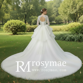 Long Sleeve Queen-ann Neckline Wedding Dresses with Keyhole