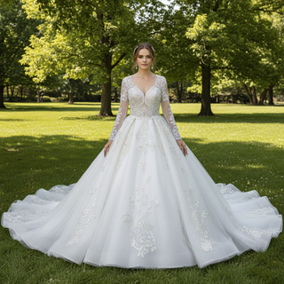 Long Sleeve Queen-ann Neckline Wedding Dresses with Keyhole