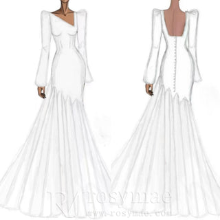 Puff Long Sleeve Asymmetrical Satin Mermaid Wedding Dress with Covered Button Back