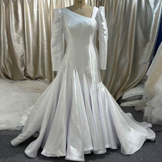 Puff Long Sleeve Asymmetrical Satin Mermaid Wedding Dress with Covered Button Back