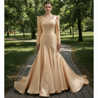 Puff Long Sleeve Asymmetrical Satin Mermaid Wedding Dress with Covered Button Back