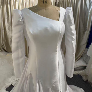 Puff Long Sleeve Asymmetrical Satin Mermaid Wedding Dress with Covered Button Back