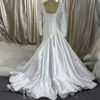 Puff Long Sleeve Asymmetrical Satin Mermaid Wedding Dress with Covered Button Back