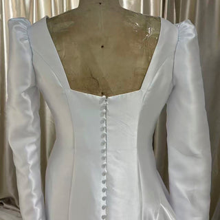 Puff Long Sleeve Asymmetrical Satin Mermaid Wedding Dress with Covered Button Back
