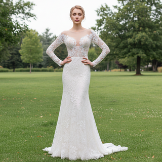 Princess Long Sleeve Mermaid Wedding Dress with Long Train