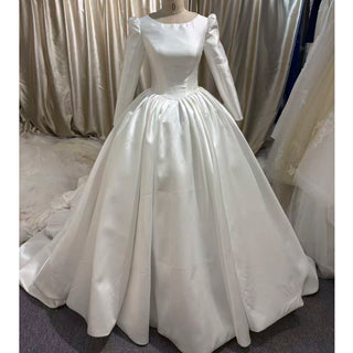 Puff Long Sleeve Bateau Neck Satin Ball Gown Wedding Dress with Covered Button Back