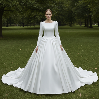 Puff Long Sleeve Bateau Neck Satin Ball Gown Wedding Dress with Covered Button Back