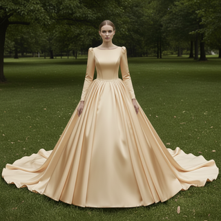 Puff Long Sleeve Bateau Neck Satin Ball Gown Wedding Dress with Covered Button Back