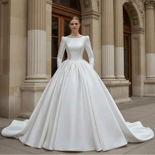 Puff Long Sleeve Bateau Neck Satin Ball Gown Wedding Dress with Covered Button Back