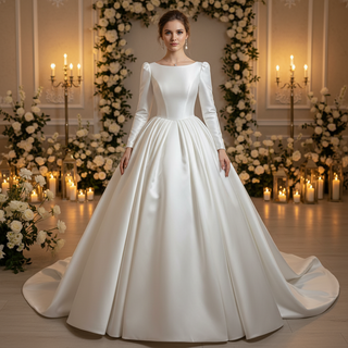 Puff Long Sleeve Bateau Neck Satin Ball Gown Wedding Dress with Covered Button Back