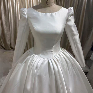 Puff Long Sleeve Bateau Neck Satin Ball Gown Wedding Dress with Covered Button Back