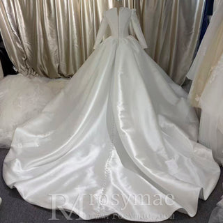 Puff Long Sleeve Bateau Neck Satin Ball Gown Wedding Dress with Covered Button Back