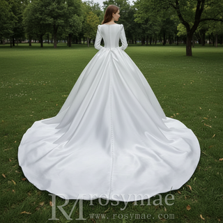 Puff Long Sleeve Bateau Neck Satin Ball Gown Wedding Dress with Covered Button Back