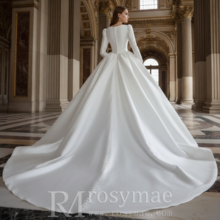 Puff Long Sleeve Bateau Neck Satin Ball Gown Wedding Dress with Covered Button Back