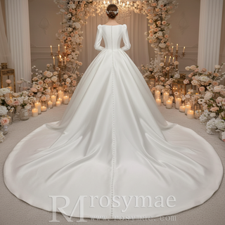 Puff Long Sleeve Bateau Neck Satin Ball Gown Wedding Dress with Covered Button Back