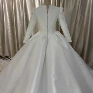 Puff Long Sleeve Bateau Neck Satin Ball Gown Wedding Dress with Covered Button Back