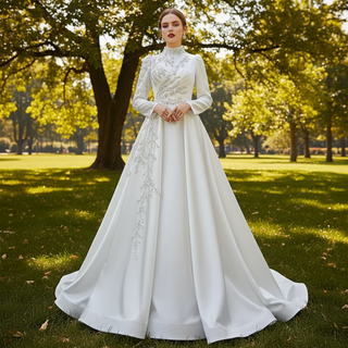 High-end Elegant O-neck Satin Wedding Dress with Long Sleeve