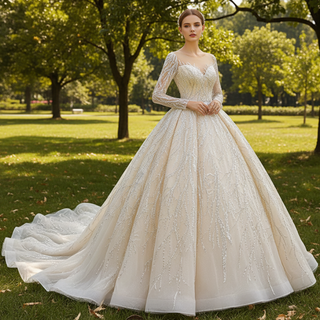 Champagne Ball Gown Tulle Sequins Long Sleeve Wedding Dress