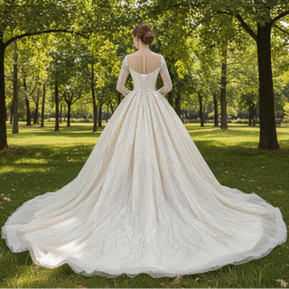 Champagne Ball Gown Tulle Sequins Long Sleeve Wedding Dress