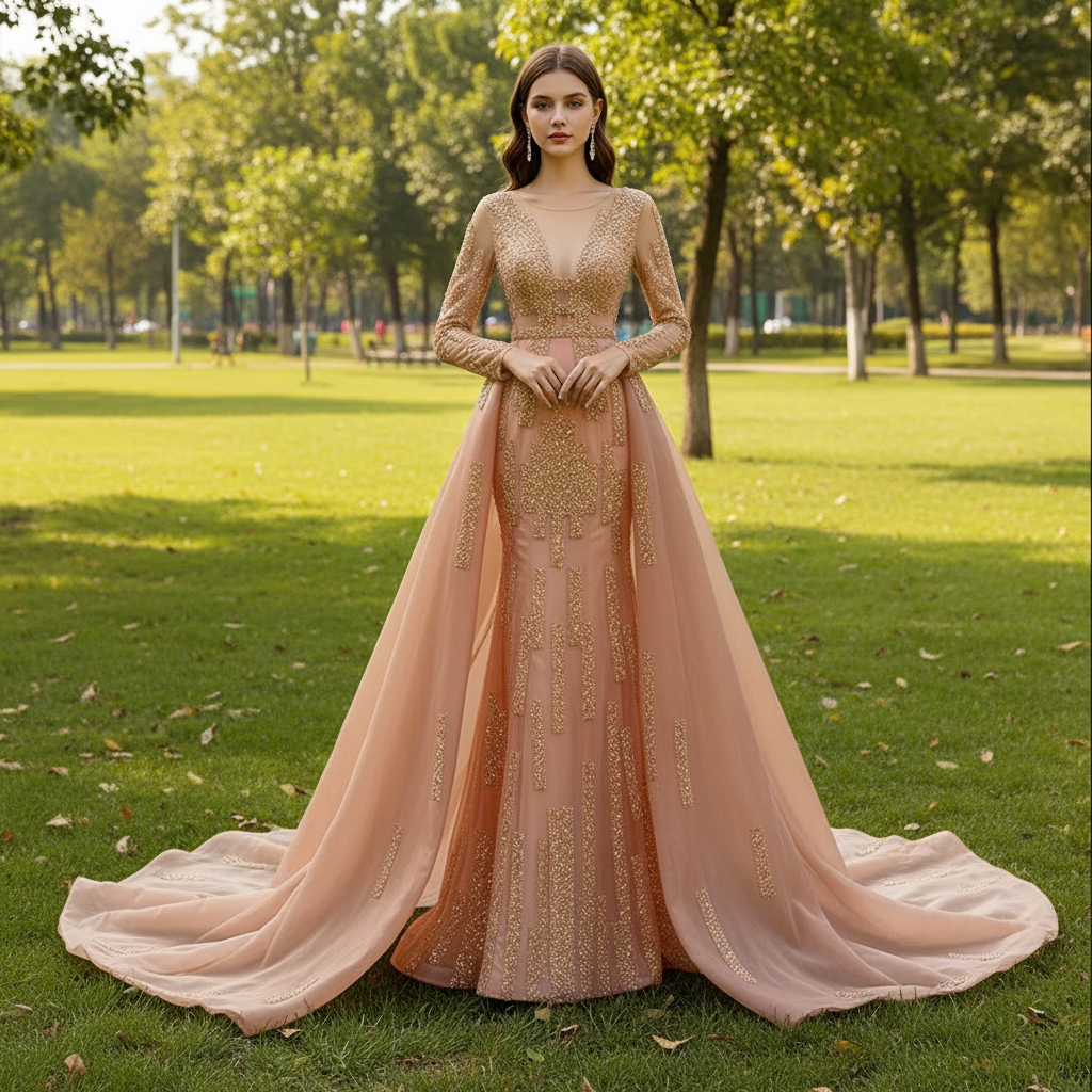 Gorgeous Orange Red Carpet Evening Dress with Long Sleeve Orange / 30W Gorgeous Orange Red Carpet Evening Dress with Long Sleeve Orange / 30W