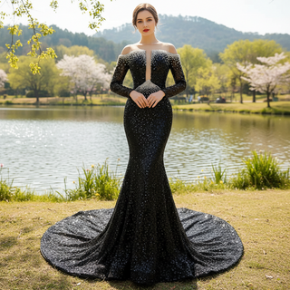 High-end Black Off the Shoulder Wedding Dress Sparkly Evening Dress