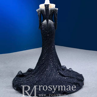 Black Sequin Dress For Wedding High-End Black Off The Shoulder Wedding Dress Sparkly Evening Dress Black / 2 Black Sequin Dress For Wedding High-End Black Off The Shoulder Wedding Dress Sparkly Evening Dress Black / 2
