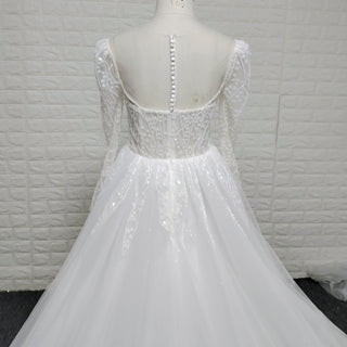 Long Sleeve Sheer Deep Plunge V-Neck Beaded Ball Gown Wedding Dress
