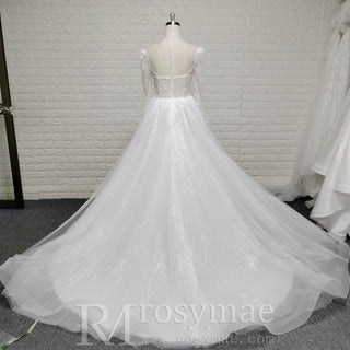 Long Sleeve Sheer Deep Plunge V-Neck Beaded Ball Gown Wedding Dress