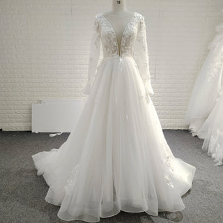 Long Sleeve Deep V-Neck 3D Floral A-Line Wedding Dress with Pearl Trim