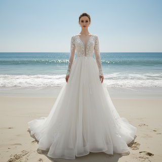 Long Sleeve Deep V-Neck 3D Floral A-Line Wedding Dress with Pearl Trim