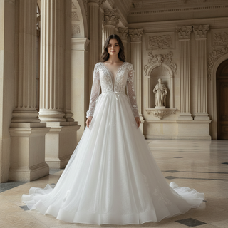 Long Sleeve Deep V-Neck 3D Floral A-Line Wedding Dress with Pearl Trim