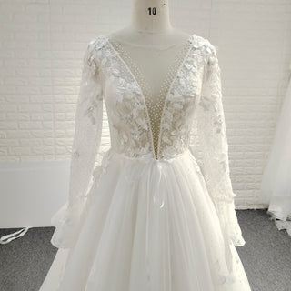 Long Sleeve Deep V-Neck 3D Floral A-Line Wedding Dress with Pearl Trim