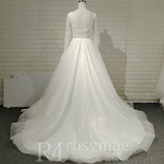 Long Sleeve Deep V-Neck 3D Floral A-Line Wedding Dress with Pearl Trim