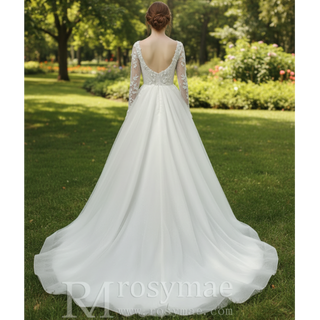 Long Sleeve Deep V-Neck 3D Floral A-Line Wedding Dress with Pearl Trim