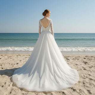 Long Sleeve Deep V-Neck 3D Floral A-Line Wedding Dress with Pearl Trim