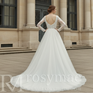 Long Sleeve Deep V-Neck 3D Floral A-Line Wedding Dress with Pearl Trim