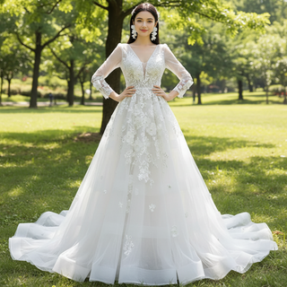 A-Line Tulle Appliques See Through Back Long Sleeve Wedding Dress