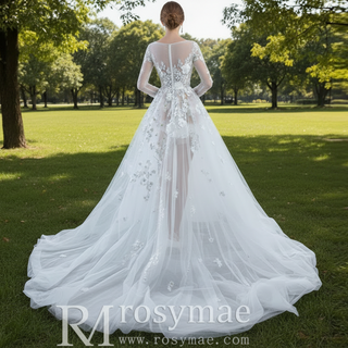 A-Line Tulle Appliques See Through Back Long Sleeve Wedding Dress