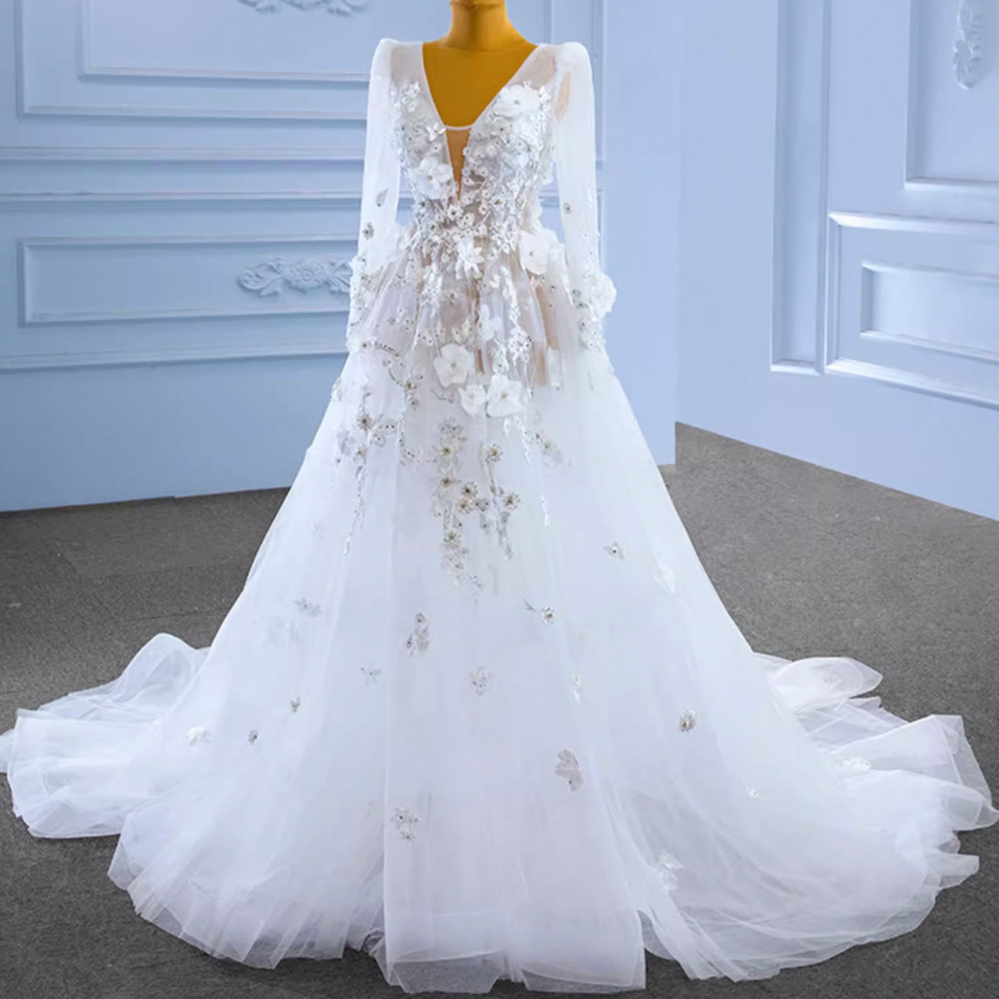 A-Line Tulle Appliques See Through Back Long Sleeve Wedding Dress White / 6 A-Line Tulle Appliques See Through Back Long Sleeve Wedding Dress White / 6