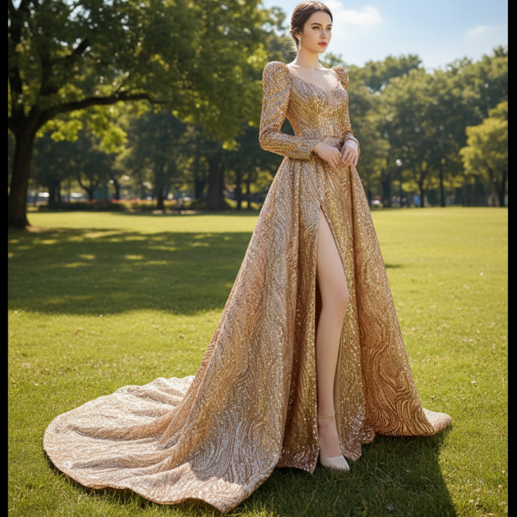 Gold Mermaid Luxury Long Sleeve Evening Dresses Gown Leg Slit Gold / 2 Gold Mermaid Luxury Long Sleeve Evening Dresses Gown Leg Slit Gold / 2