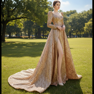 Gold Mermaid Luxury Long Sleeve Evening Dresses Gown Leg Slit