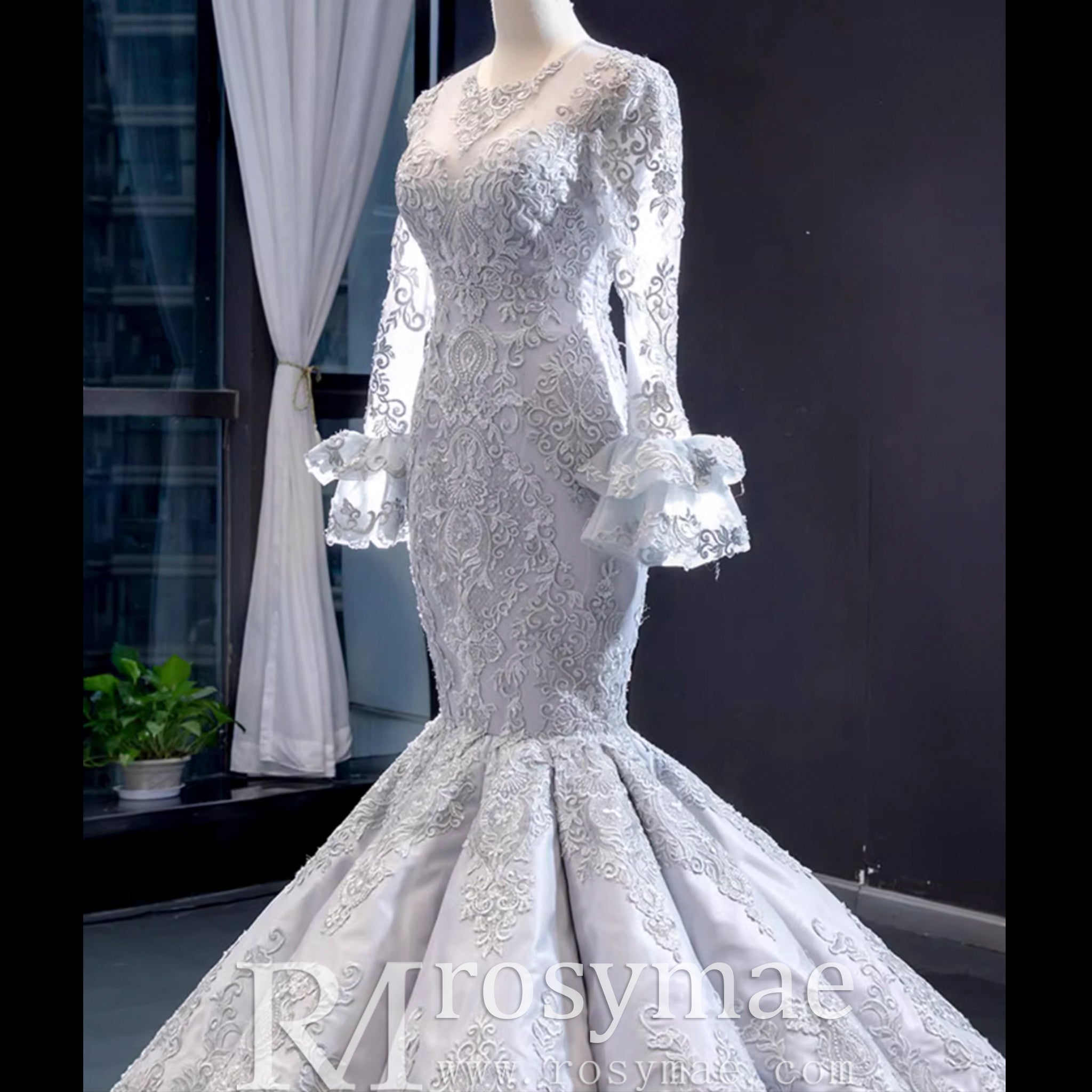 Trumpet Lace Overlay Wedding Dress With Long Sleeve Silver / 20W Trumpet Lace Overlay Wedding Dress With Long Sleeve Silver / 20W