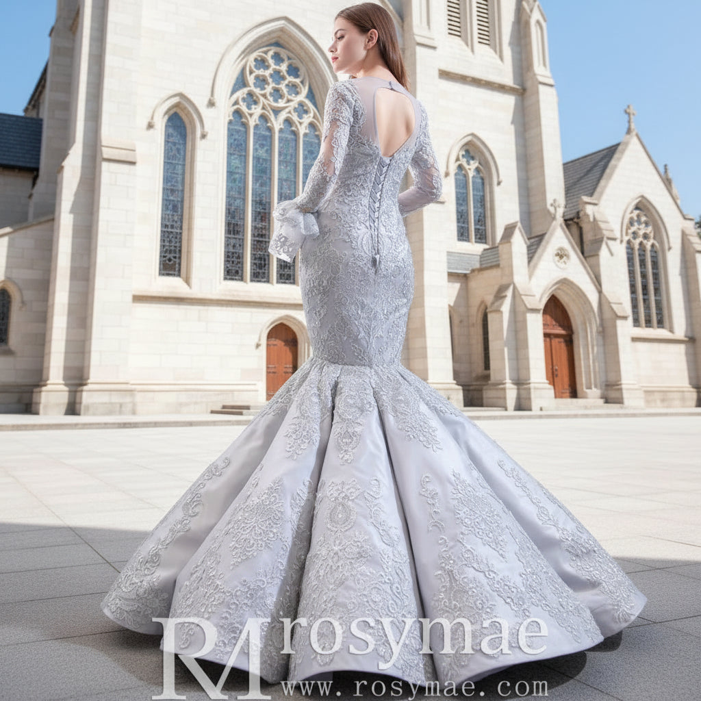 Trumpet Lace Overlay Wedding Dress With Long Sleeve Rosymae Trumpet Lace Overlay Wedding Dress With Long Sleeve Rosymae