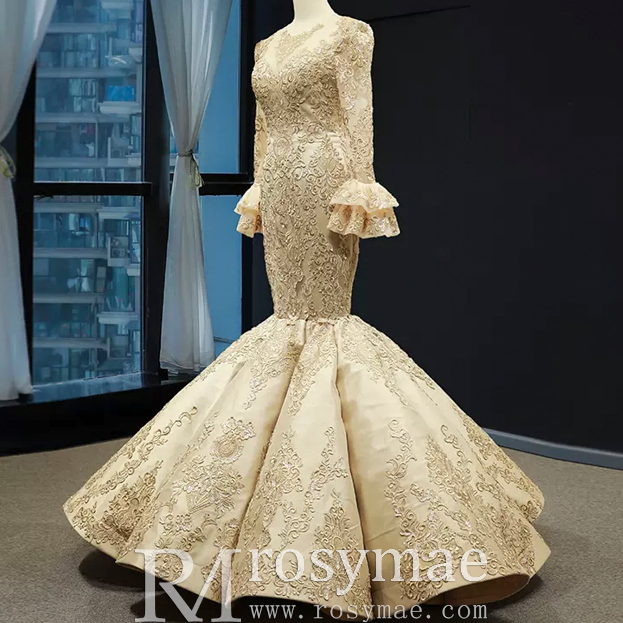 Trumpet Lace Overlay Wedding Dress With Long Sleeve Gold / 16 Trumpet Lace Overlay Wedding Dress With Long Sleeve Gold / 16