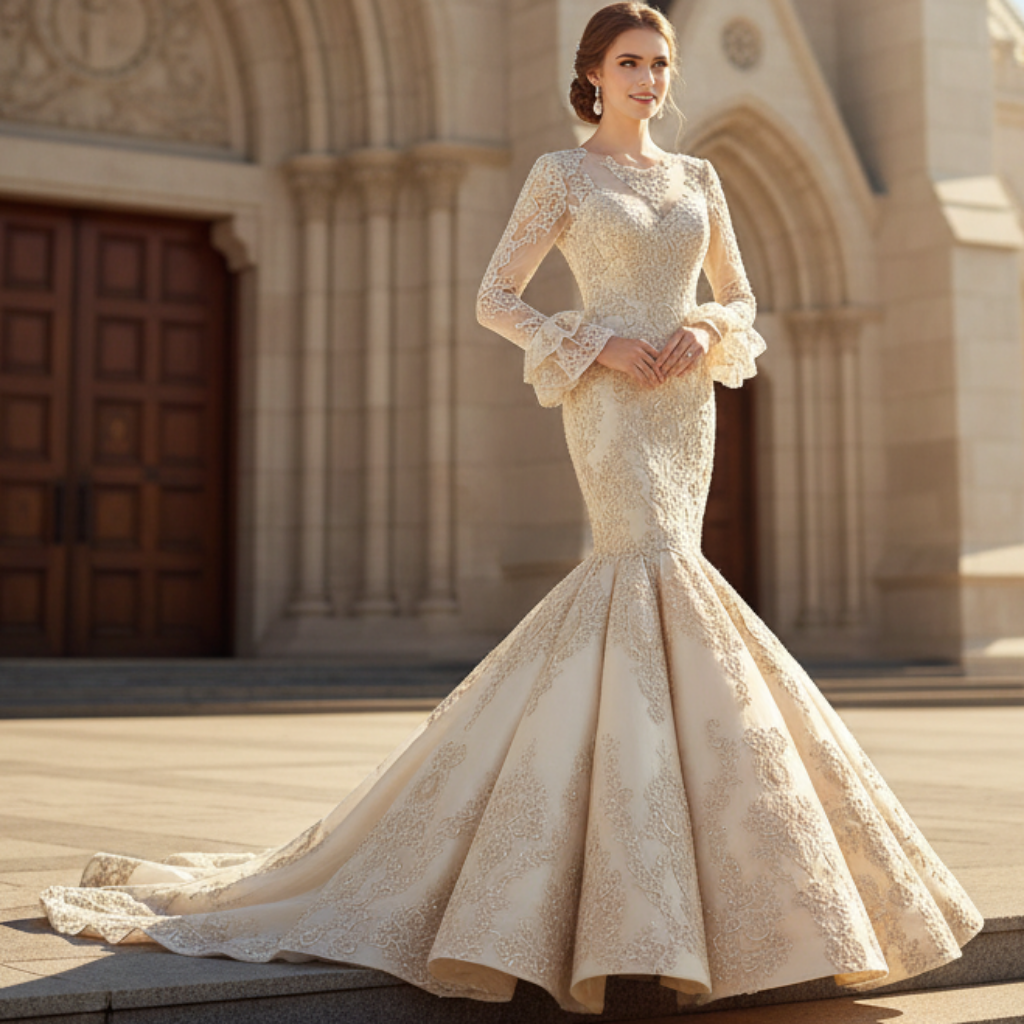Trumpet Lace Overlay Wedding Dress With Long Sleeve Rosymae Trumpet Lace Overlay Wedding Dress With Long Sleeve Rosymae